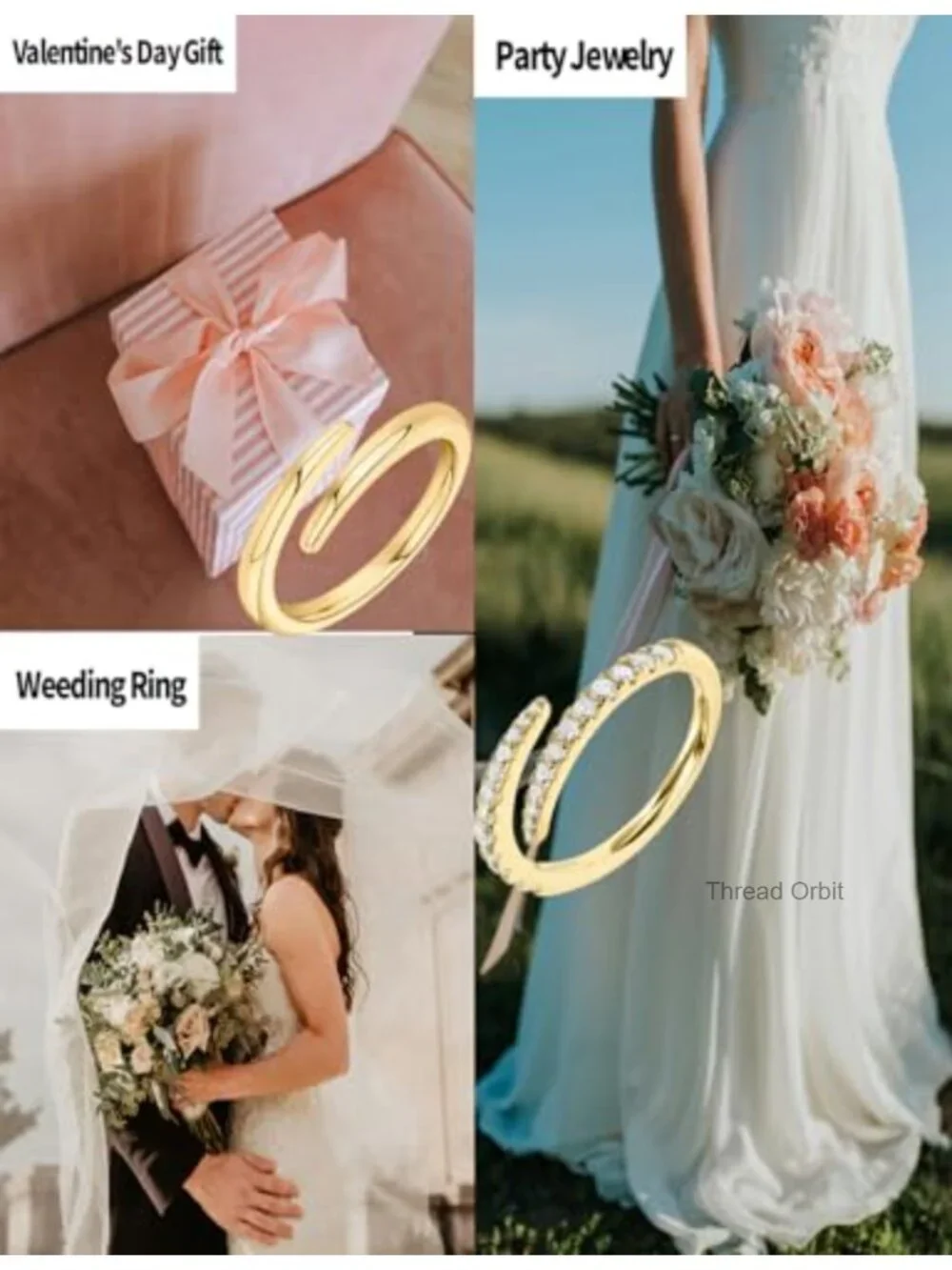 2 Piece 14K Gold Plated Stackable Rings Set Adjustable Cubic Zirconia Wedding